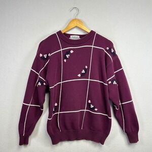 IZOD Club Burgundy Hand Embroidered Floral Grid Sweater Women's L Cotton